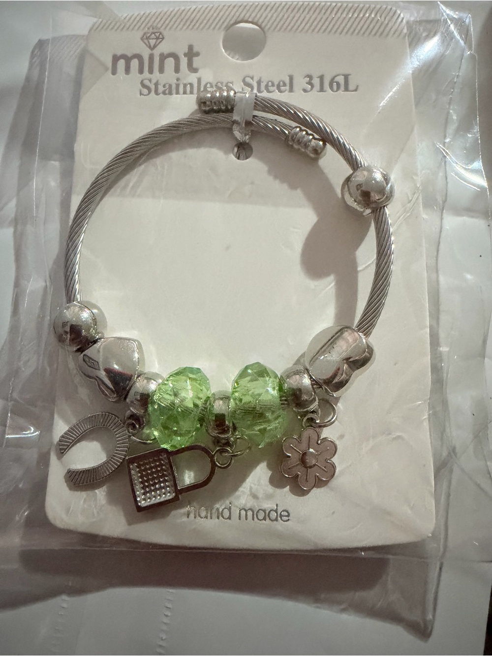 Mint Silver-Tone Bracelet with Lime Green Crystal Beads
